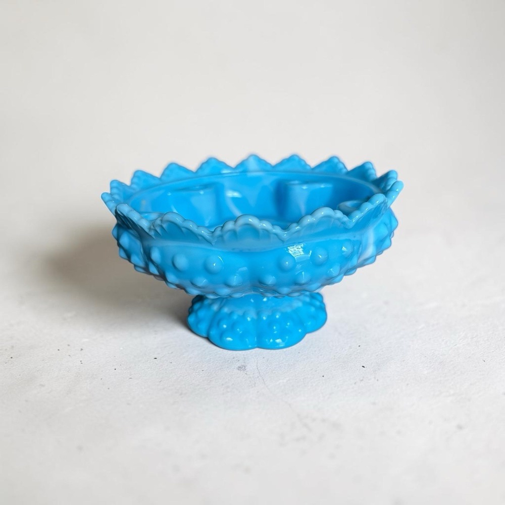 Fenton Hobnail Glass Blue and White  Marble Slag Swirl Candle Bowl. Vintage.#02